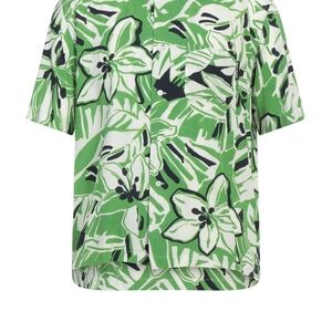 Floral Print Short-Sleeve Button-Up Top - Green